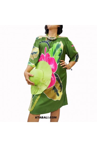 Daily Cloting Poncho Top Dress Premium Rayon with Hand Painted Flower Olive Green Colour 